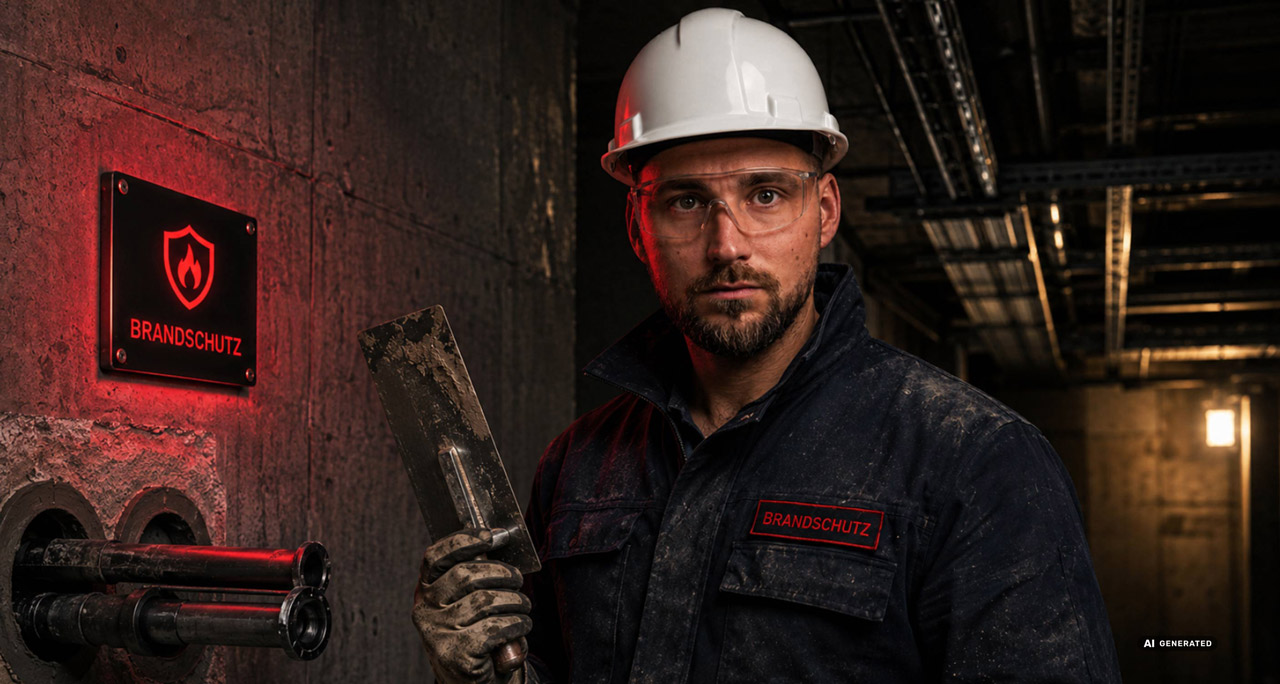 Porträt eines Bauarbeiters mit Helm, Schutzbrille und Spachtel. Das Bild wurde mittels KI generiert.